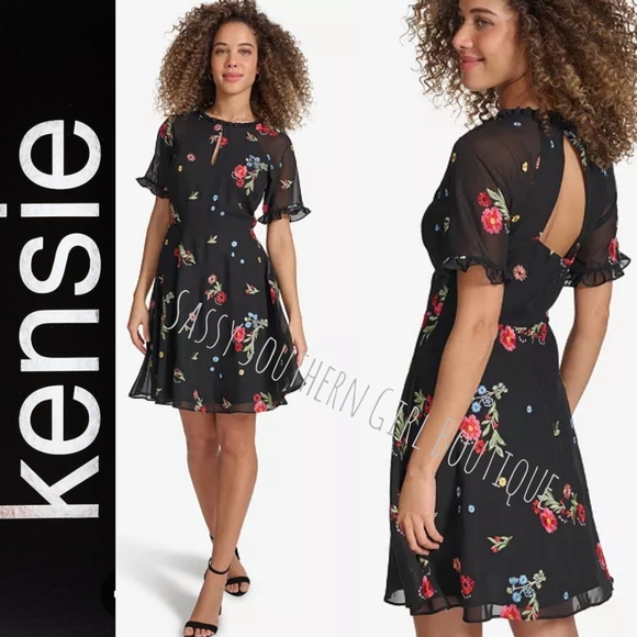 🆕⭐Kensie Black Floral Embroidered Mini Dress - Picture 1 of 14